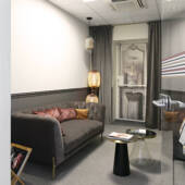 La salle d'attente en salon style anglais avec en arrière plan une cheminée factice, par Amélie Beaumont, Architecte d'intérieur à Nantes et Pays de Loire 44