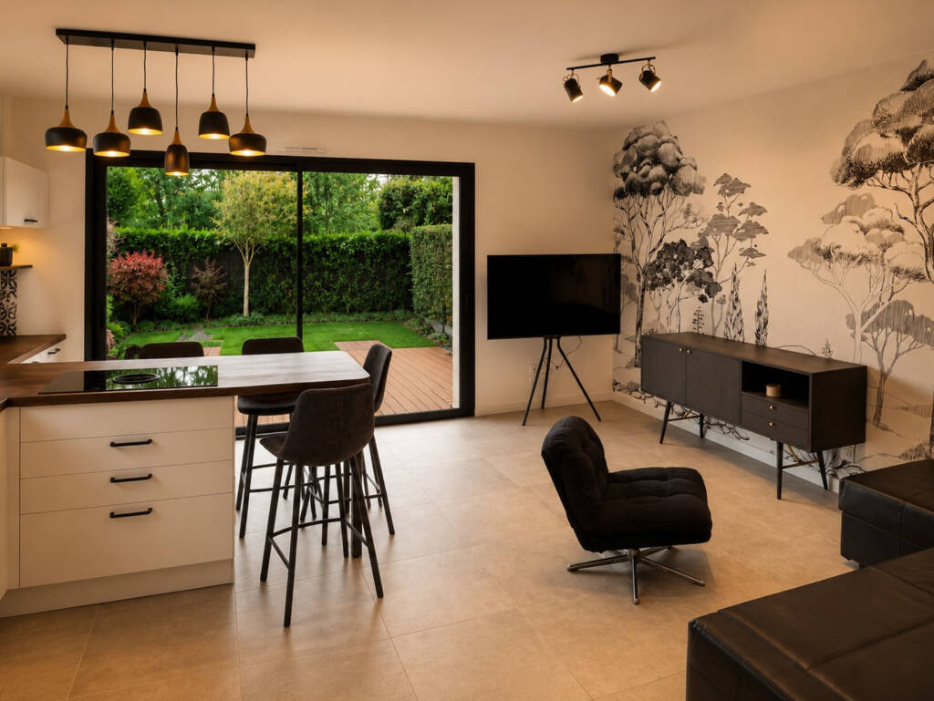 Salon avec panoramique esprit vacances donnant sur la cuisine tons blanc, chêne clair et cadre noir, par Amélie Beaumont, Architecte d'intérieur à Nantes et Pays de Loire 44